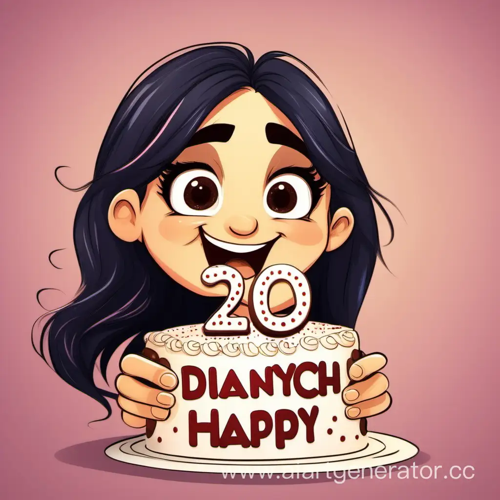 Девушка с длинными тёмными волосами, тёмные глаза, принемает торт с надписью "Дианыч с днем рождения 20 лет" в стиле смешной рисовки