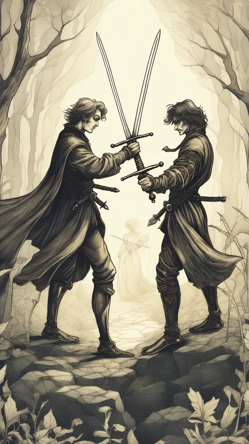 Two men are dueling with swords.

soft fairy tale illustrations