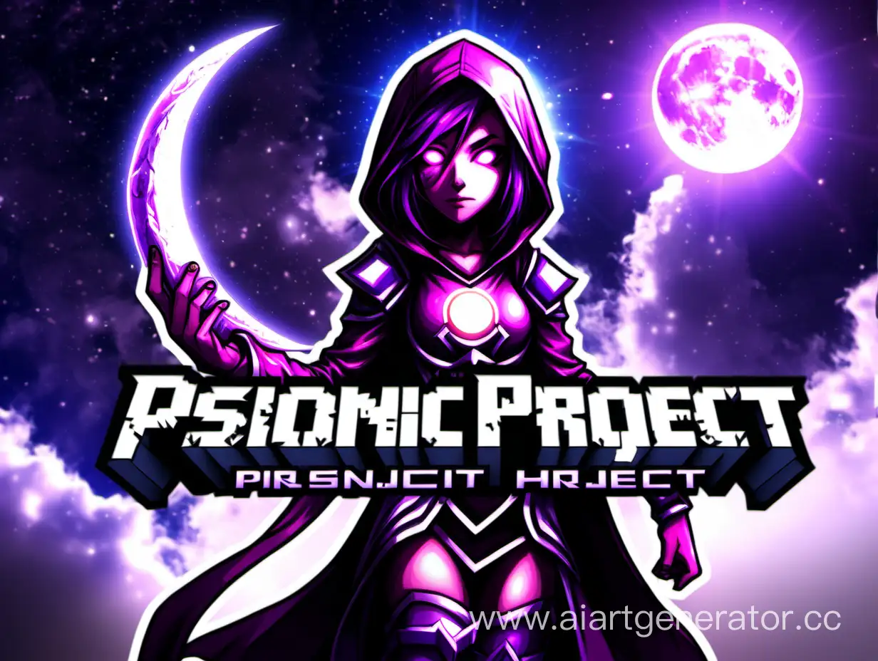 Баннер с текстом: psionic project. На бекграунд аниме девушку templar assasin, которая держит в руках луну из майнкрафта