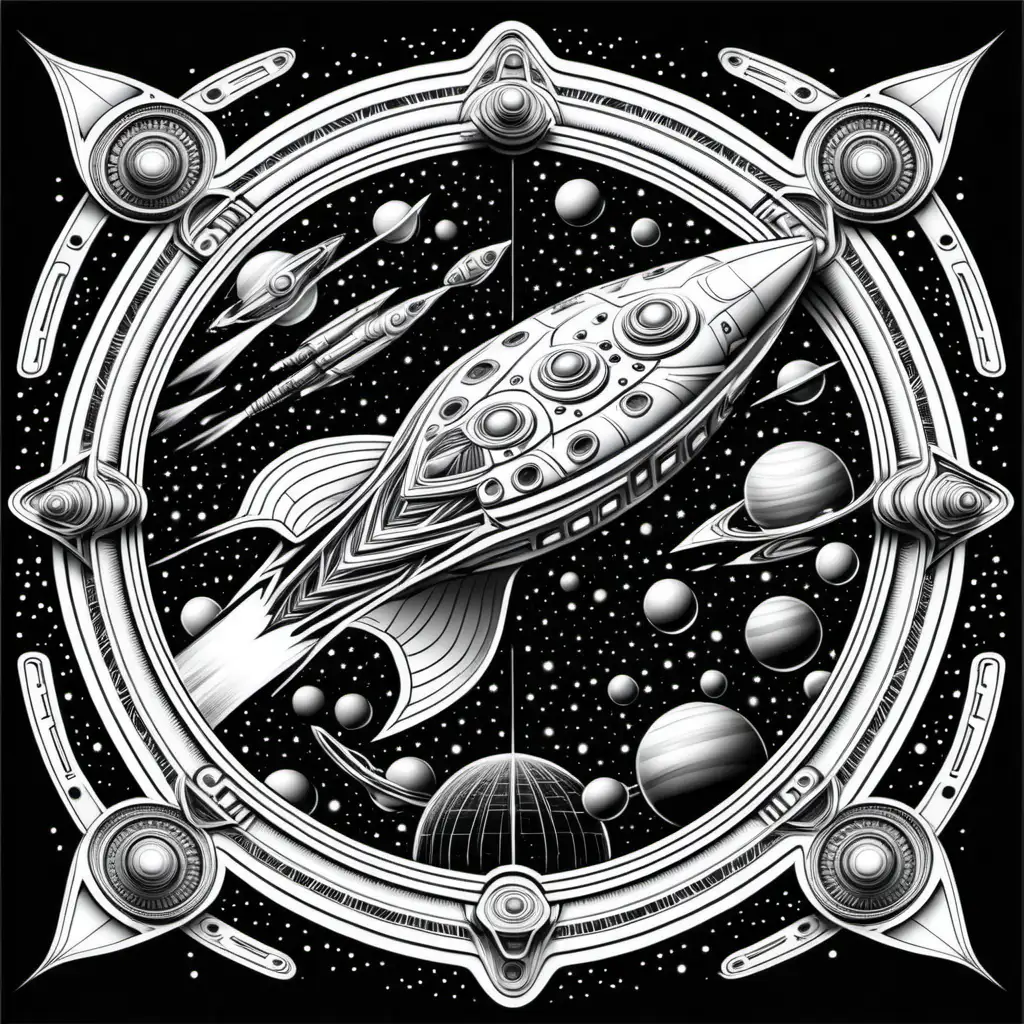 Adult coloring book. Draw a 3D scene of a spaceship travelling beyond lightspeed. Black and white. no shading, no color, thick black outline, Symmetrical mandala with space-themed frame.
