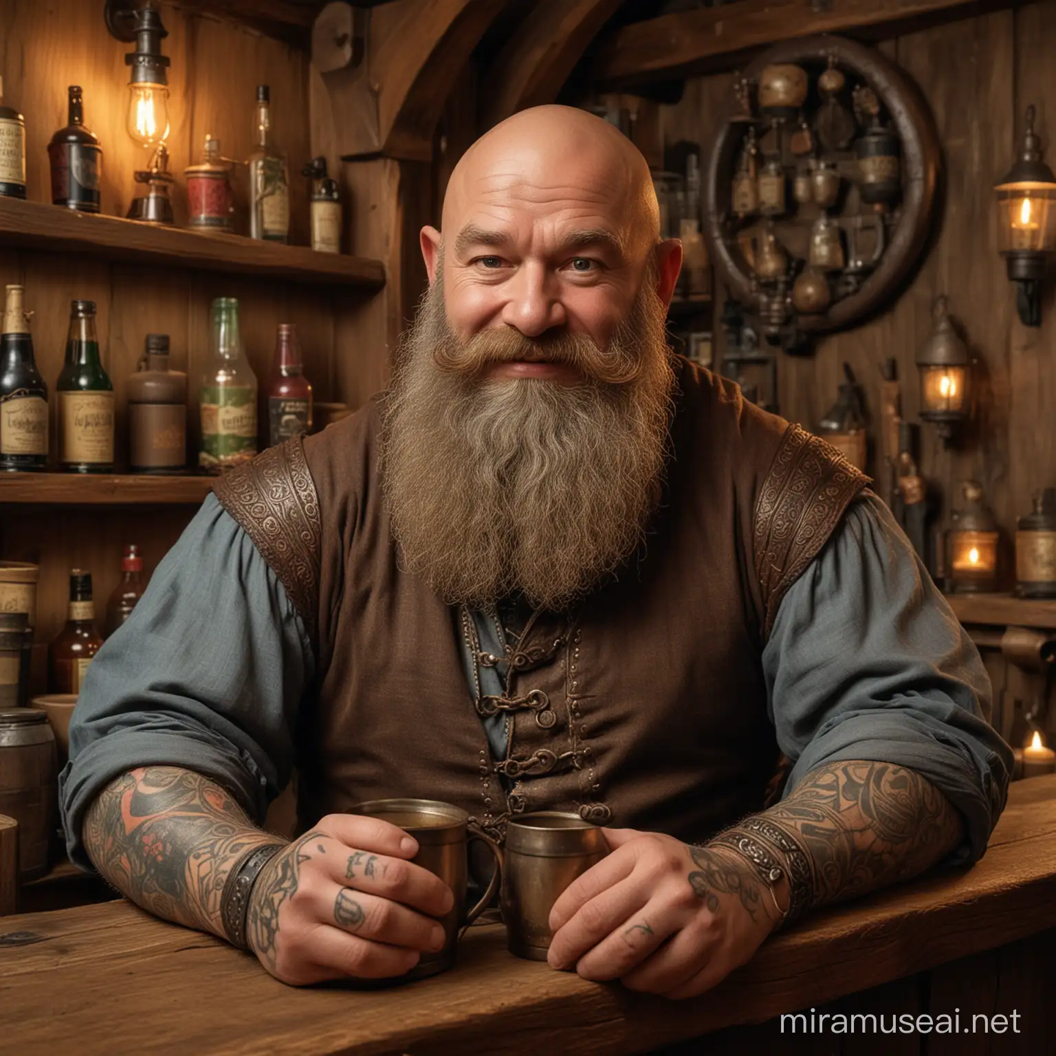 the dwarf innkeeper stands behind the bar, rubbing a wooden mug with metal rings on it, the dwarf has a lush bronze beard, a bald head and his body is covered with ritual tattoos, behind him there is a wall with different drinks, there is a pleasant warm light in the tavern