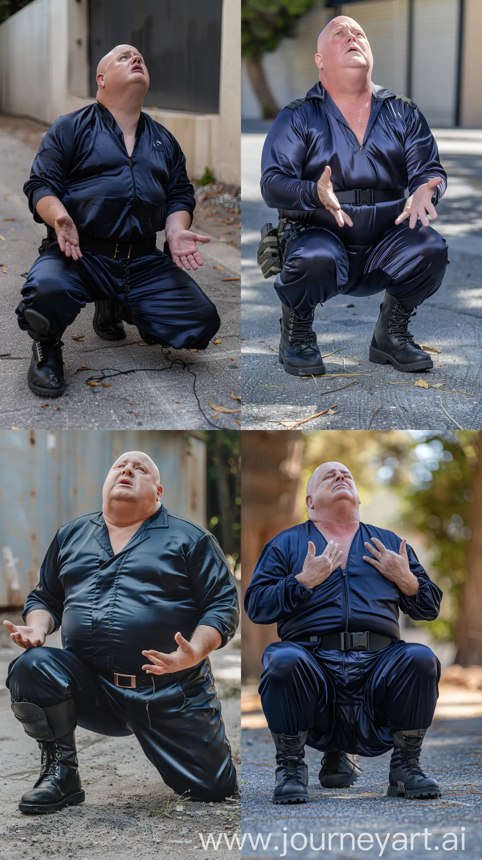 Close-up front view chest-level photo of a serious very fat man aged 70 wearing a silk navy skinny-fitted tracksuit tucked in black tactical boots. Black tactical belt. Outside. On his knees on the ground looking up at the sky, hands opened. Outside. Bald. Clean Shaven. Natural light. --style raw --ar 9:16