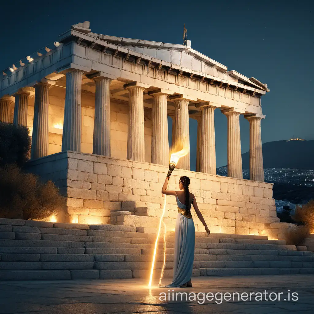 A slender beauty stands in front of the ancient Greek official palace, holding a bright torch to light the way for the world