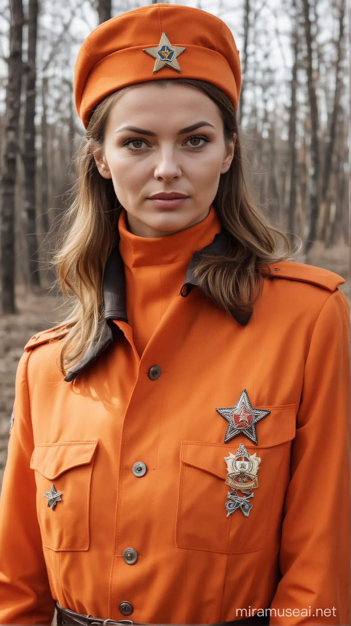 A female KGB agent in an orange uniform