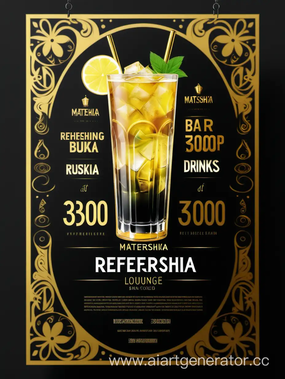 Рекламный флаер прохладительных напитков по стоиомсти 300р. в лаундж-баре Matreshka, стиль бара в черно-золотых тонах