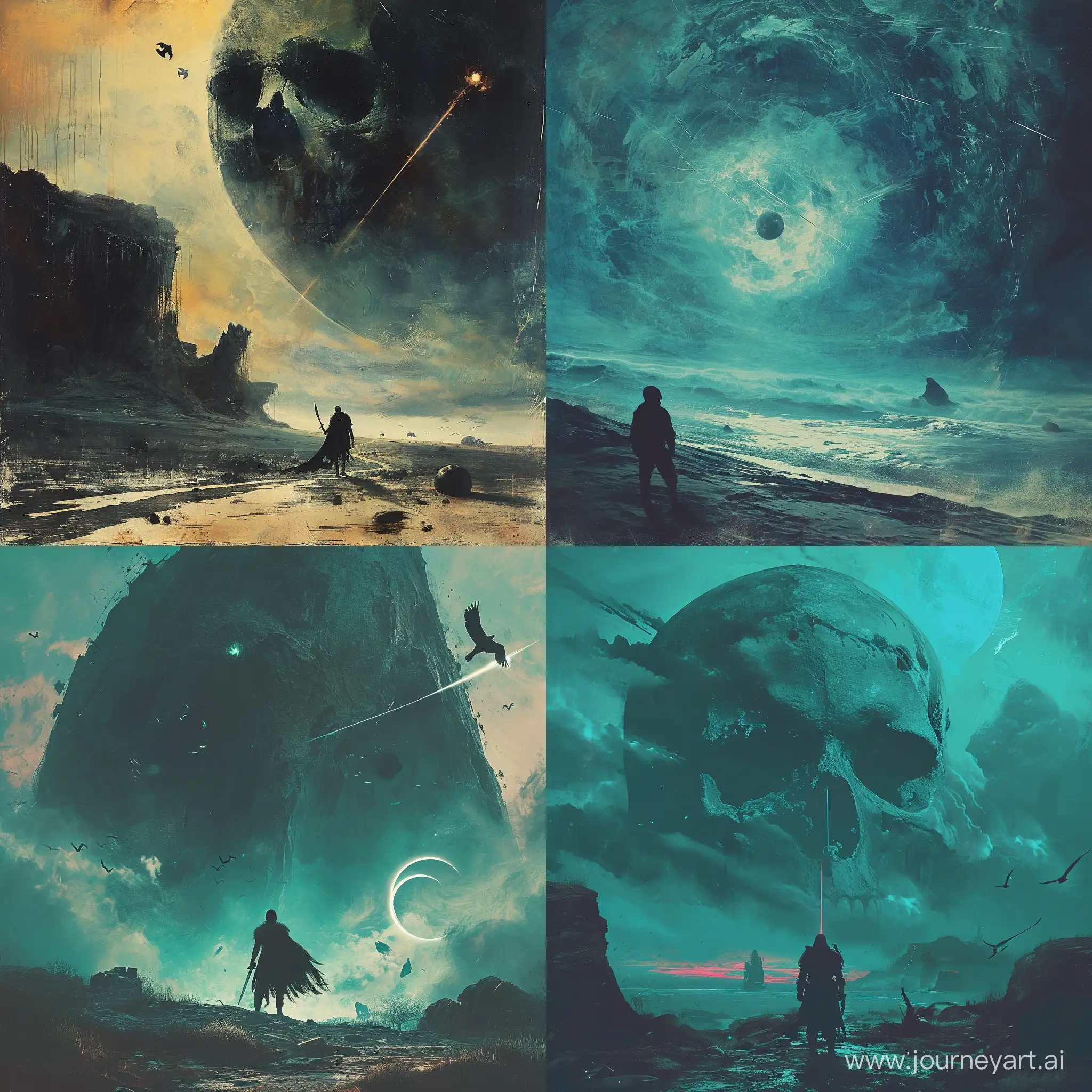 Warrior-Confronts-Giant-Skull-in-Desolate-Dusk-Landscape