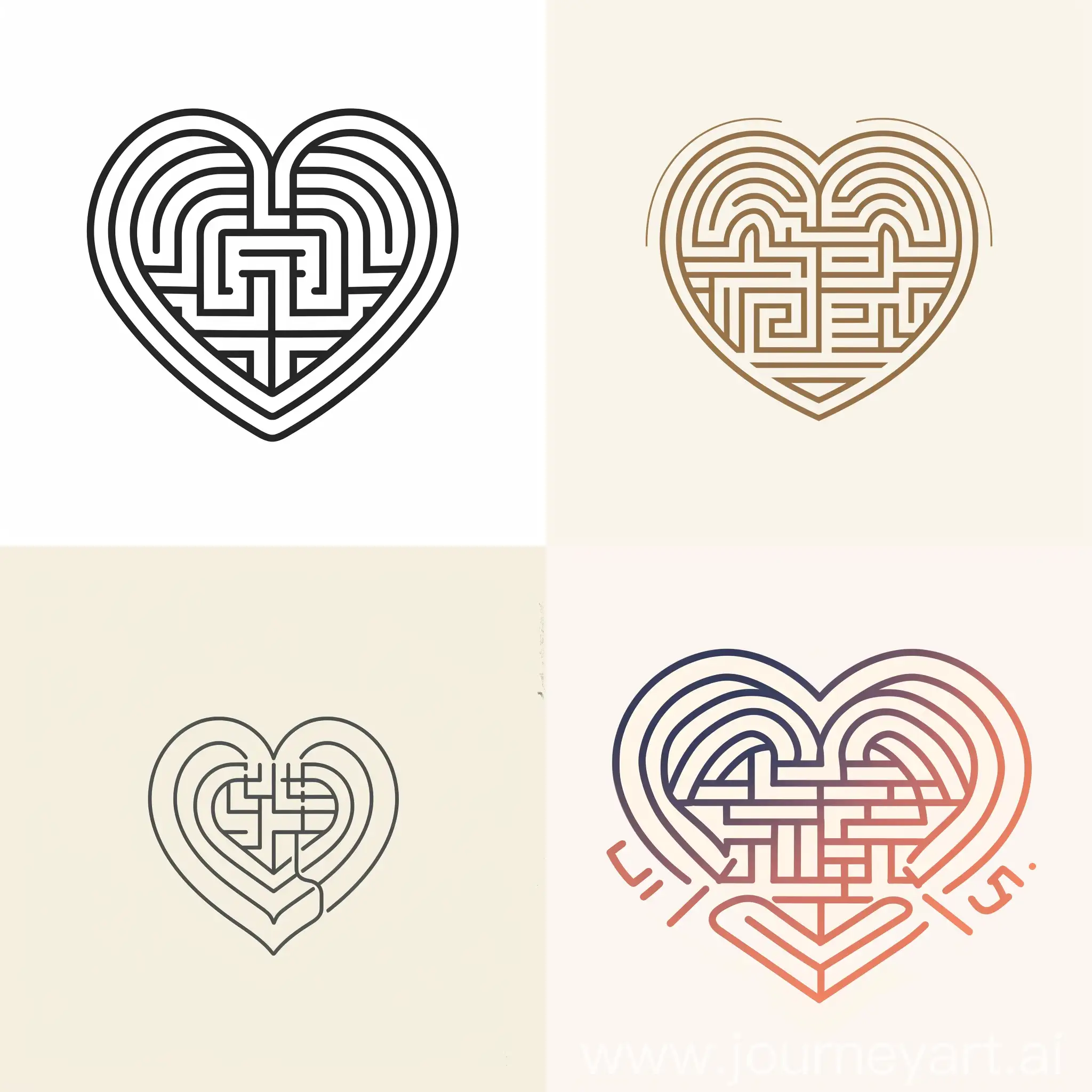 Help me make a sign, this needs to have a love element. There is a simple maze inside the heart, and the exit of the maze is on the outer edge of the heart. The background color is white, the logo is composed of lines, and the overall style needs to be warm and have the feeling of being cared for.
