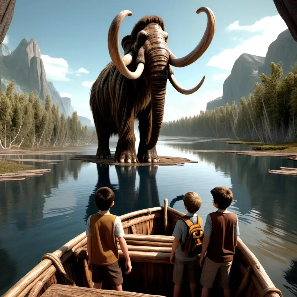 Tři chlapci z plovoucí dřevěné loďky na řece koukají na velkého mamuta v dálce na břehu, jako ze 3D animovaného filmu.