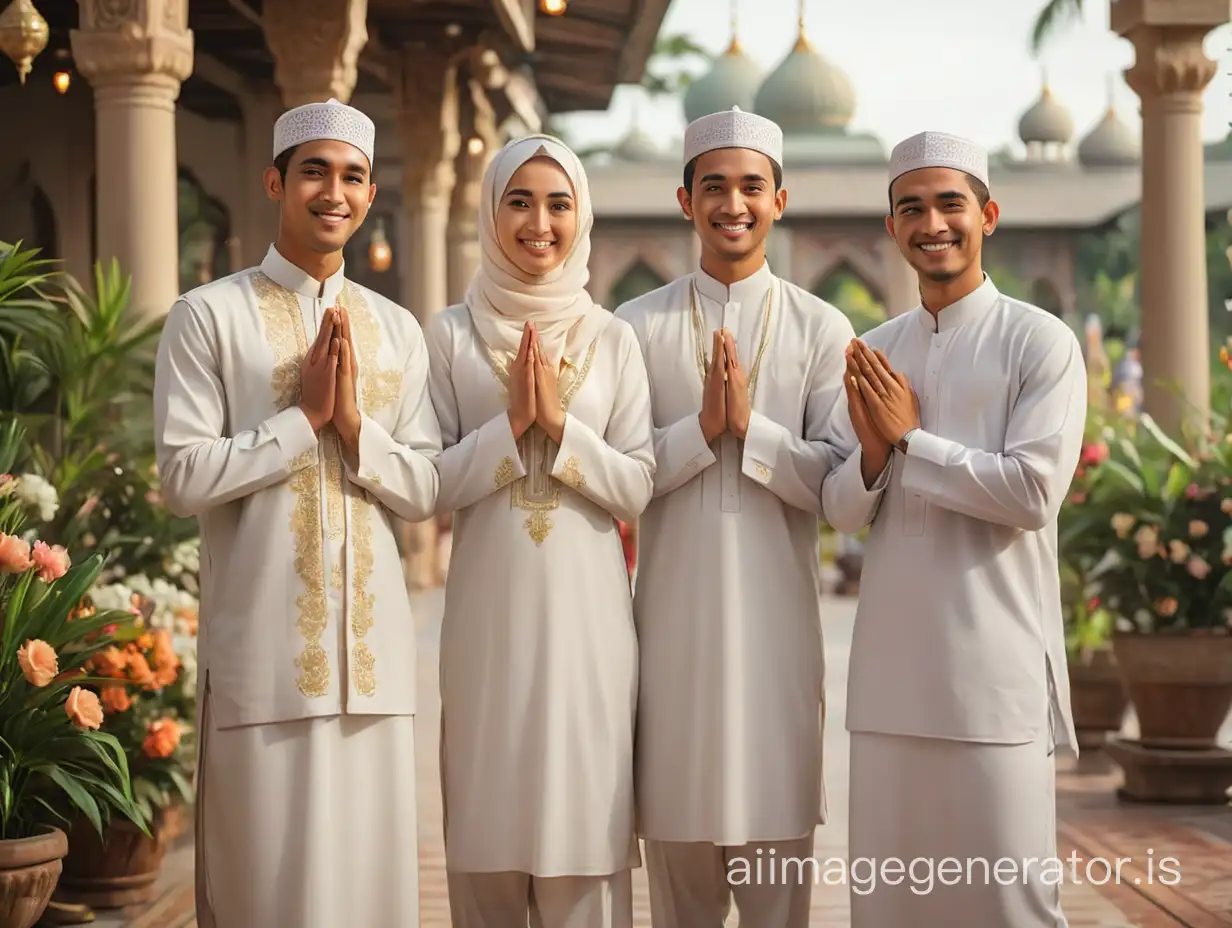 A heartwarming and vibrant photo capturing the essence of Eid al-Fitr, with two young Indonesian Muslim couples embracing the festive spirit. They, dressed in elegant Muslim attire, stand gracefully in the center, while the men, with their hands in a namaste making gesture, stand on the left and right sides. The background is adorned with festive decorations and text wishing a 'Selamat Hari Raya Idul Fitri, 1 Syawal 1445 H,' exuding sophistication and style. The atmosphere is filled with celebration and joy, embodying the true spirit of this momentous occasion., fashion, typography, photography, facing front view