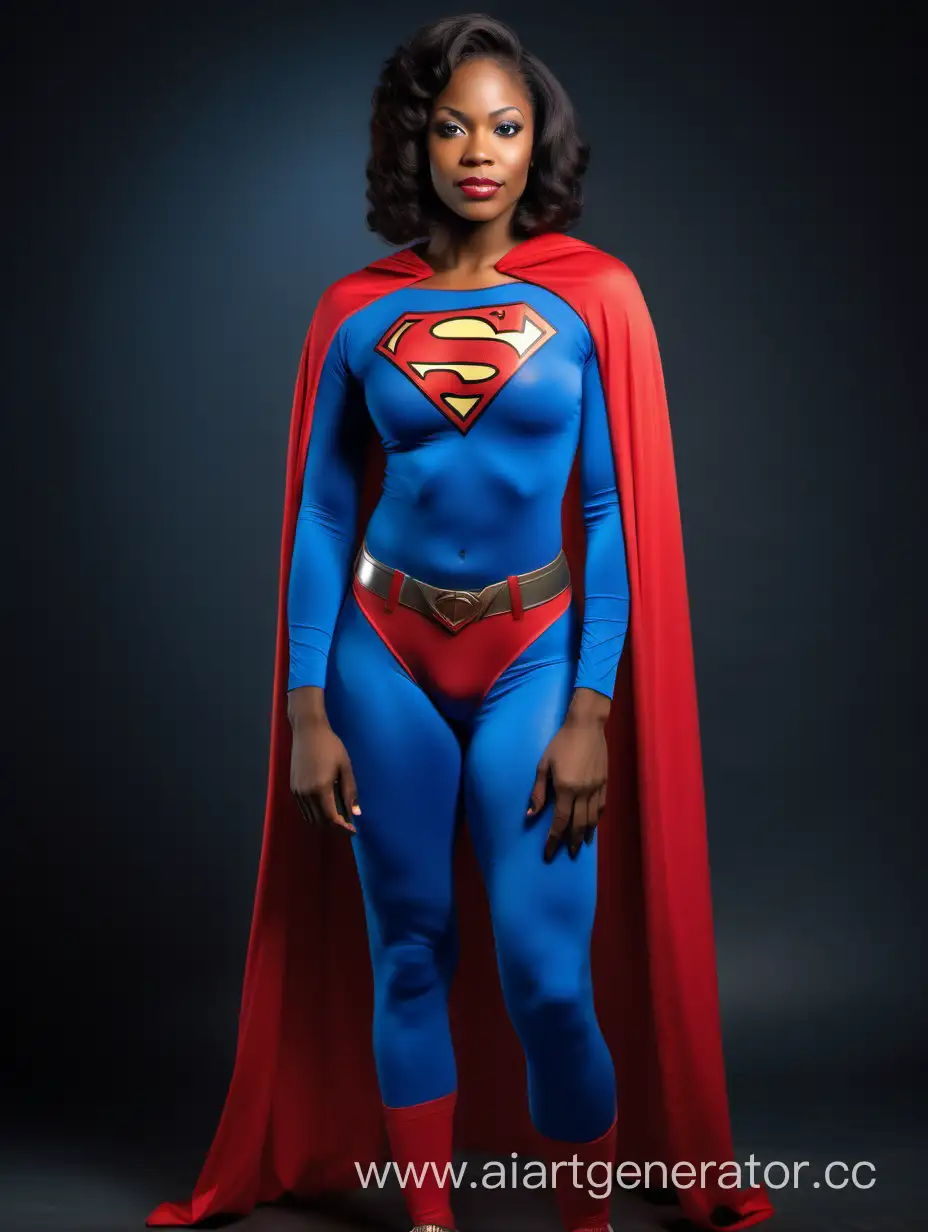 A beautiful African American woman with straight hair, age 30. She is happy and muscular. She has an athletic physique. She is wearing a Superman costume with (blue leggings), (long blue sleeves), red briefs, and a long cape. Her costume is made of very soft cotton fabric. The symbol on her chest has no black outlines. She is posed like a superhero, strong and powerful. In the style of a 1980s movie. 