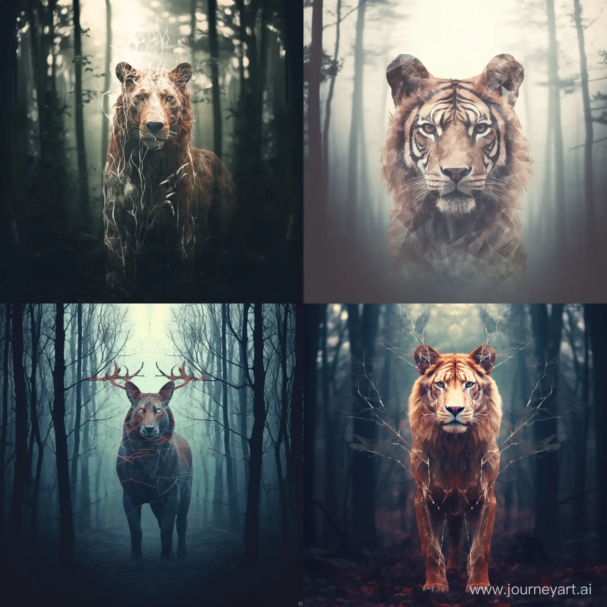 double exposure photography of a big tiger, inside the outline of tiger there is deer standing in forest.