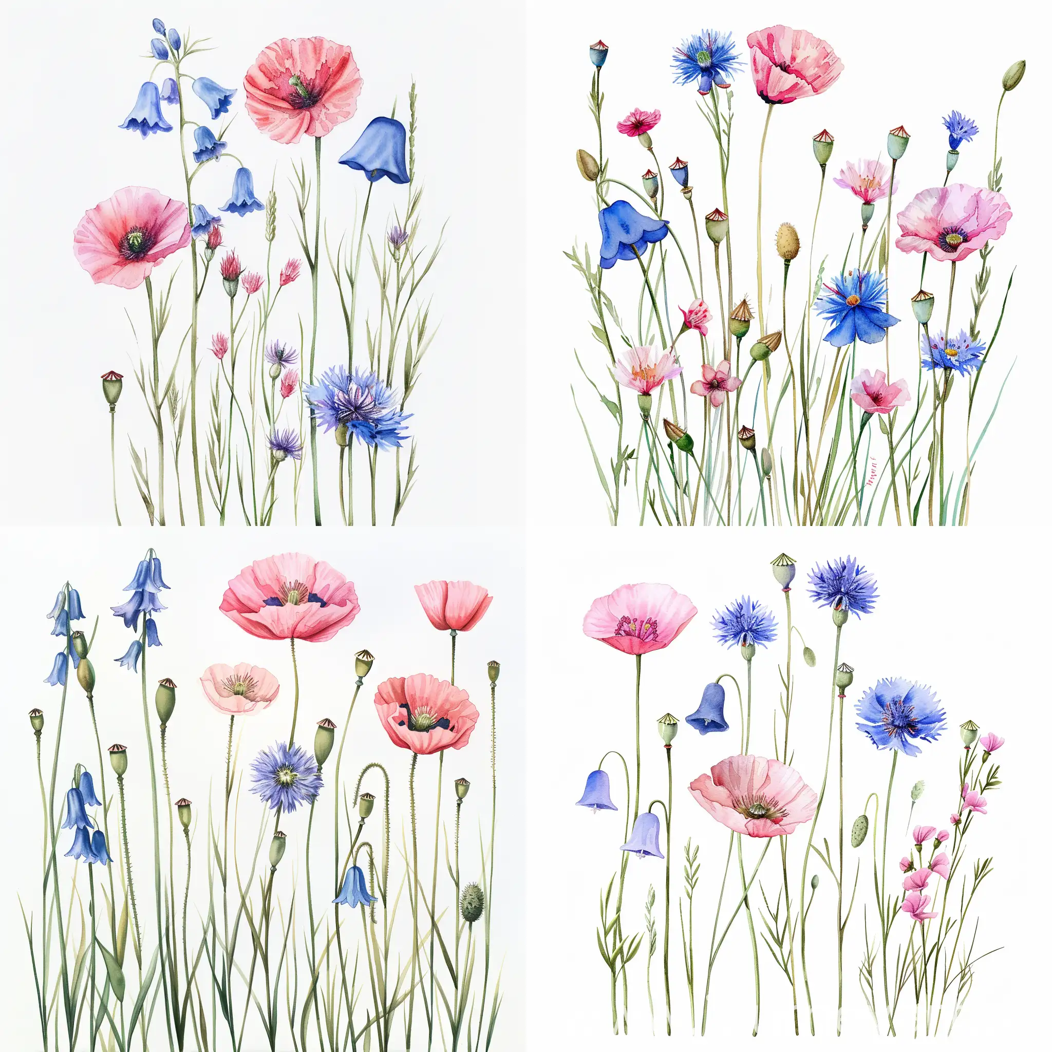 watercolor standing wildflower, bellflowers, cornflowers and pink poppy, on white background, soft handpainted, detailed, color on stalks ADBA93
