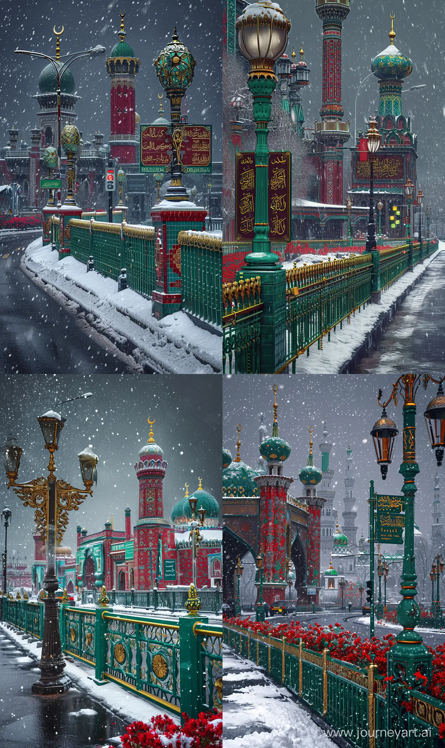Snowy-Urban-City-Road-with-Islamic-Architecture-and-Ornate-Lamps