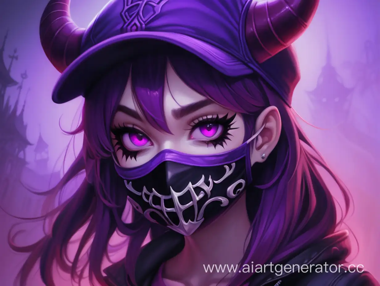 фиолетовый, девочка , демон в кепке и маске