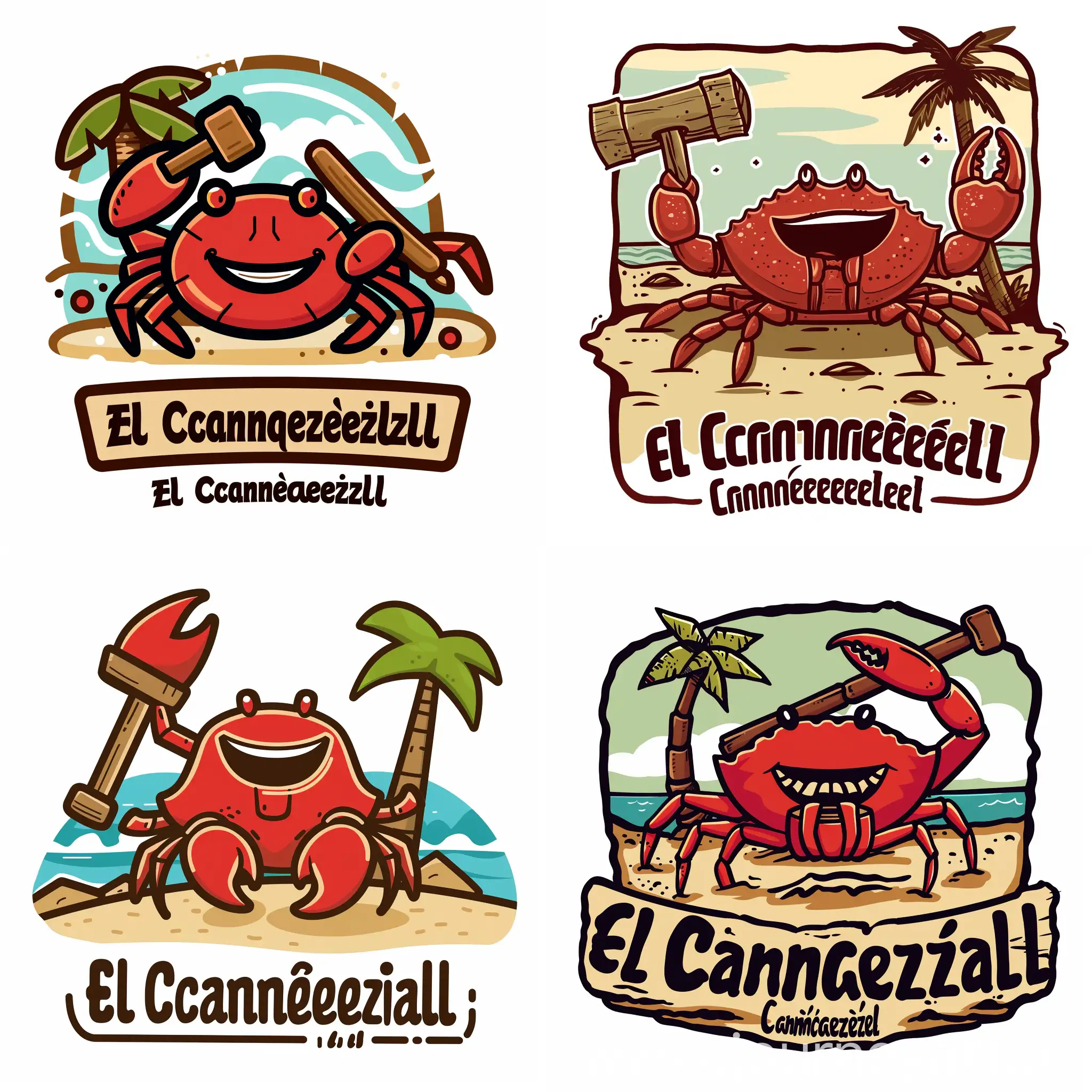 El logo presenta un cangrejo rojo sonriente sentado en una playa , con una palmera al fondo. El cangrejo sostiene un maso de madera en una tenaza, dando la impresión de estar trabajando o preparando alimentos. La expresión del cangrejo es amigable y acogedora, transmitiendo una sensación de bienvenida a los clientes. Debajo de la imagen, el texto "El Canguerejal" se presenta en una tipografía llamativa y amigable, que complementa la temática del restaurante.