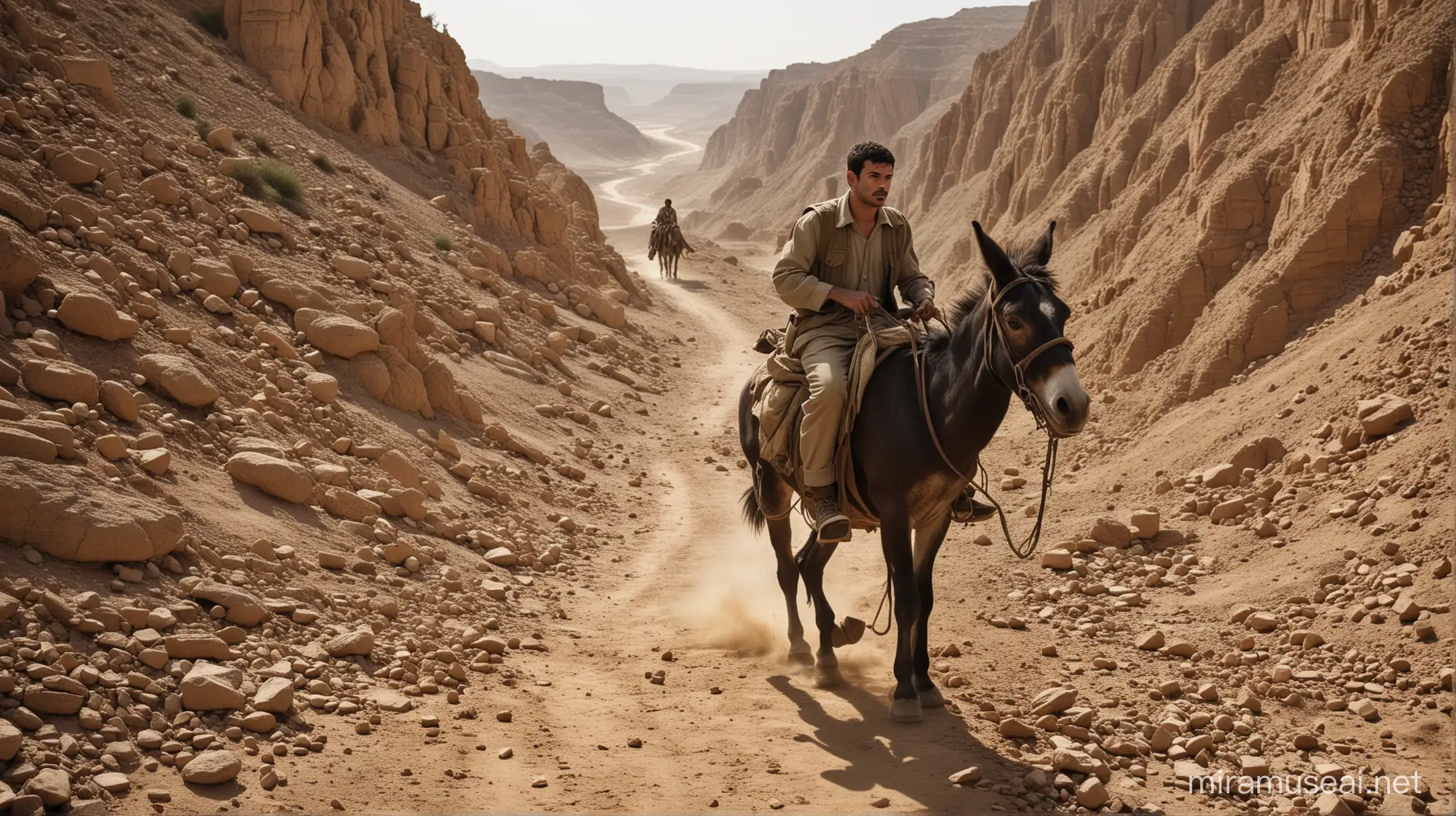 Generate an image depicting a young man riding a donkey through rugged terrain, evoking the escape of Saddam Hussein after a failed assassination attempt in 1959. The man should appear wounded, emphasizing the desperation and danger of his flight.