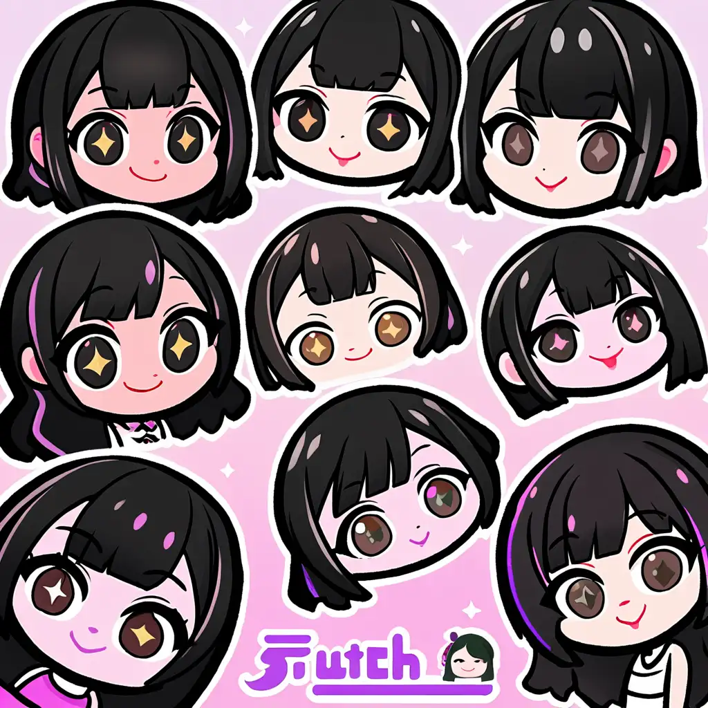 12 separate twitch emote chibi-style drawings of girls with black hair with bangs, the girl is smiling, sparkly eyes, long eyelashes, long wavy layered flowing black hair, dark brown eyes, pink plump lips