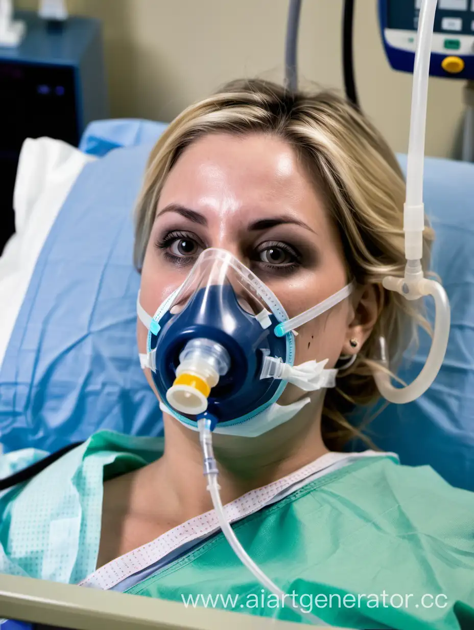 woman, icu, oxygen mask over mouth and nose, monitor, leads, tubes, bp cuff, cannula, diaper, blonde