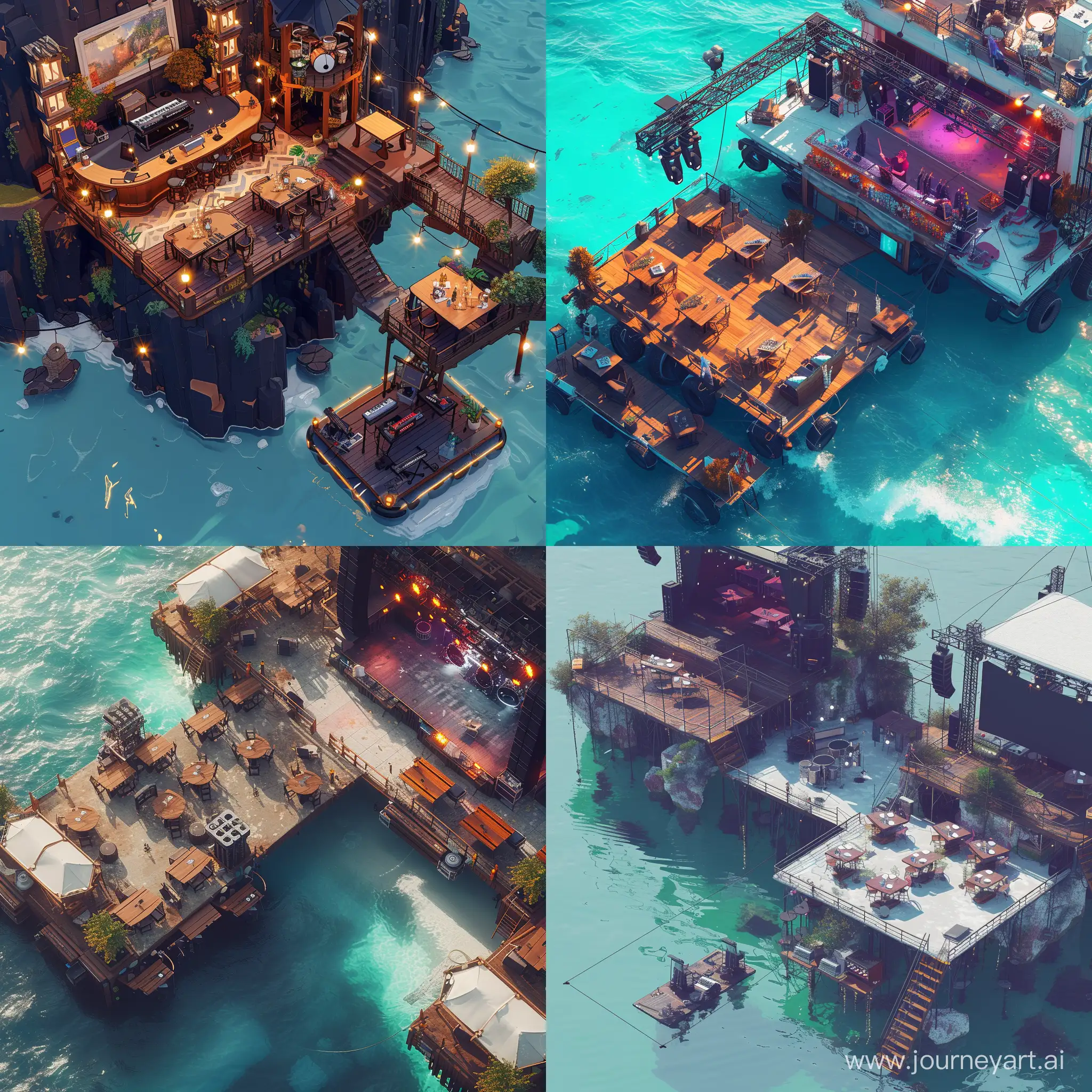 A birds eye view of a restaurant in land near sea side, with tables and desk outside, looking at the sea side, connected to a floating stage, with live bands, and a floating bar, ultra detailed, aesthetic, chill vibes