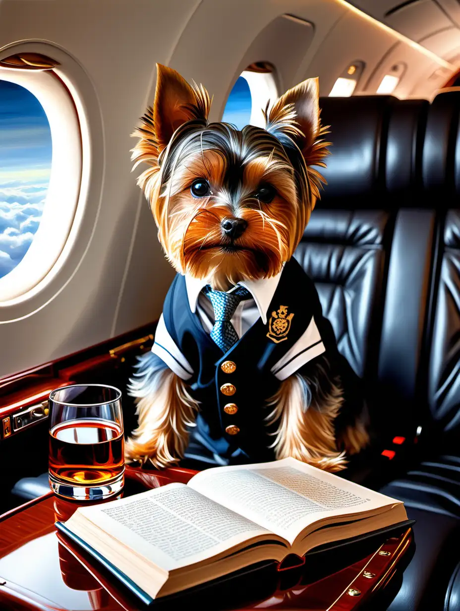 oil painting of a yorkshire terrier on a private jet with a glass of bourbon and a book