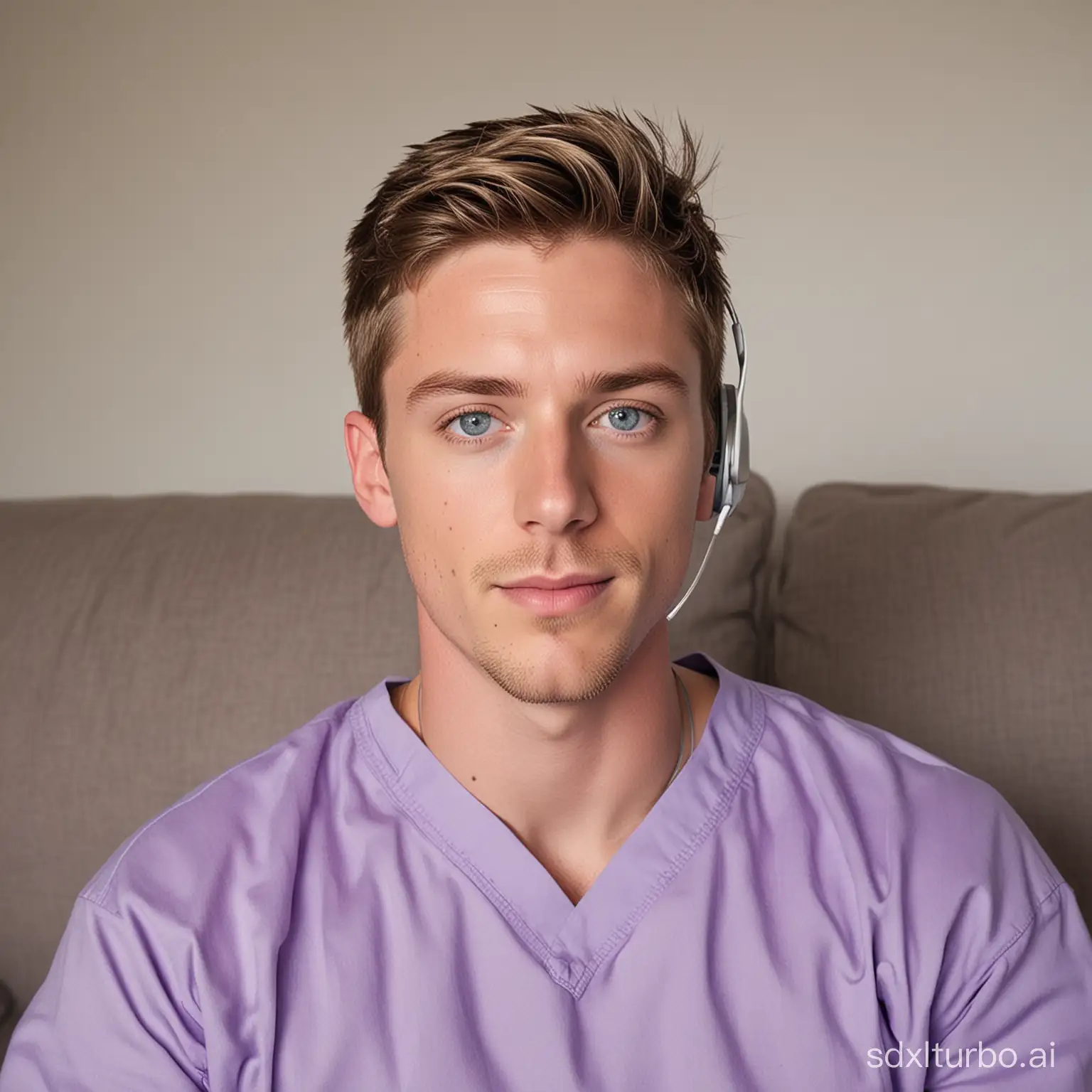 27-year-old male with an oval and slightly elongated face, short blond hair, and blue eyes. He’s not smiling and is looking straight at the camera. He’s dressed in vibrant purple scrubs, sitting comfortably on a sofa with wireless white headphones, enjoying some music. The backdrop is solid and provides a nice contrast to his purple scrubs.