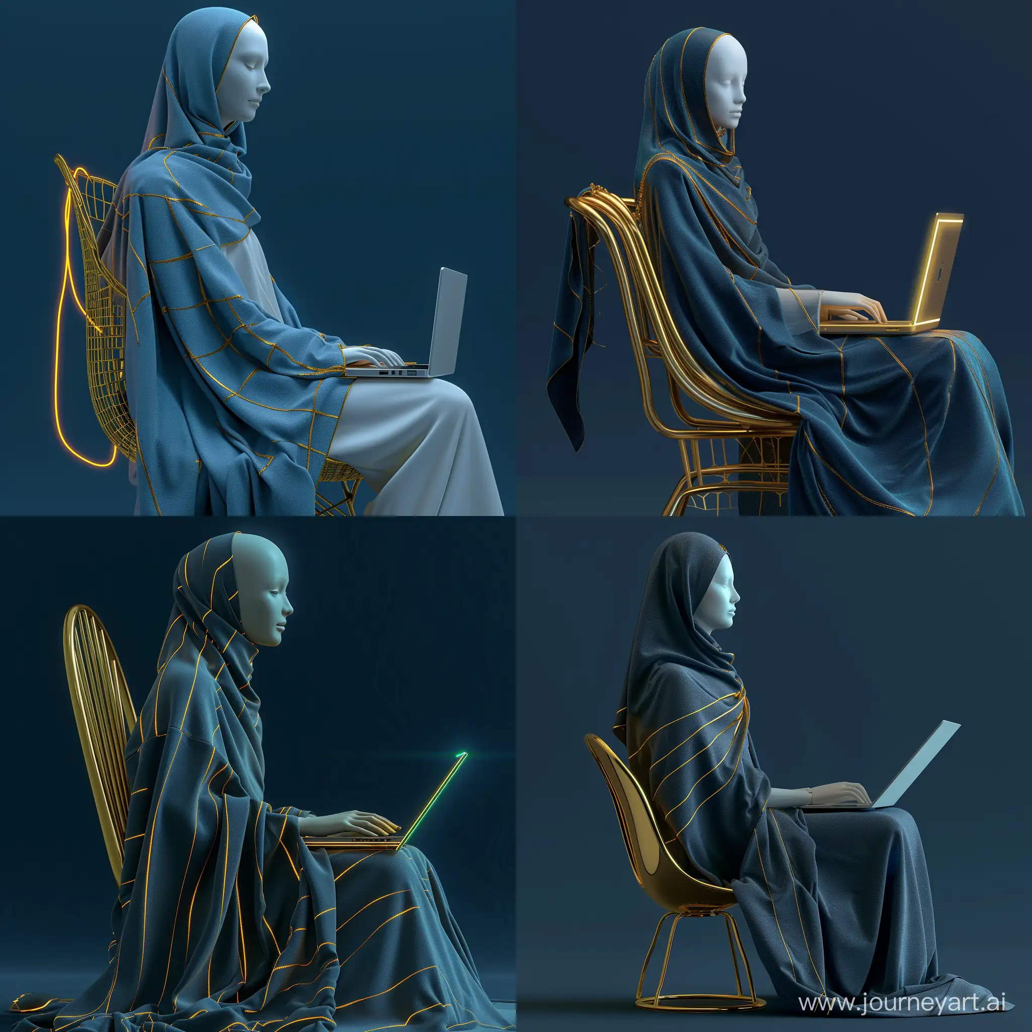 a female mannequin without a face in wide abaya look at laptop, side view the hijab is hanging down, neck covered by hijab, golden lines on clothes, wrapped in a blue cloth, sitting on a gold chair with a laptop, 3d rendering, eimagined by industrial light and magic, rendered in maya, technology sense, studio light, C4D, blender, clean, neon light, highly detail, ultra photorealistic, dark blue background