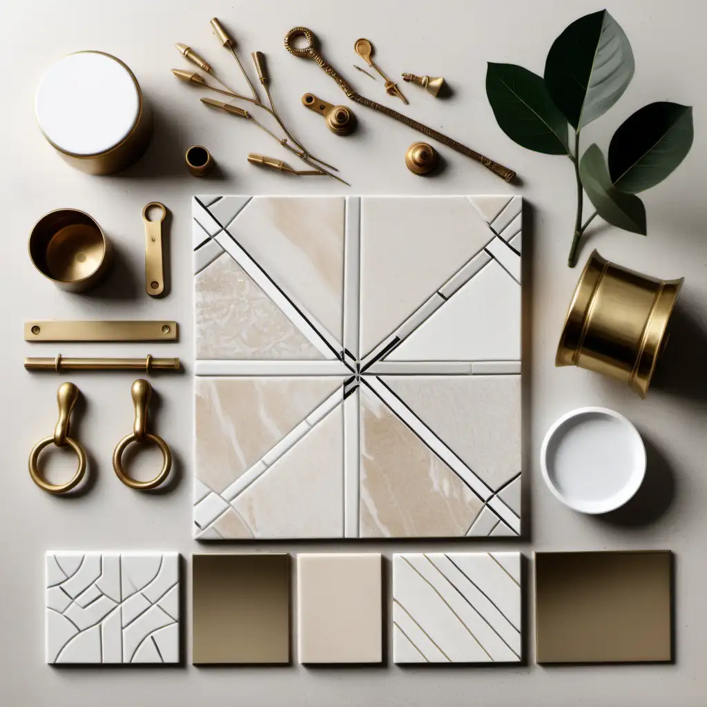 create a organic flat lay mood board with design elements like tile, fabric, and paint, brass handles,neutrals, realistic, straight on