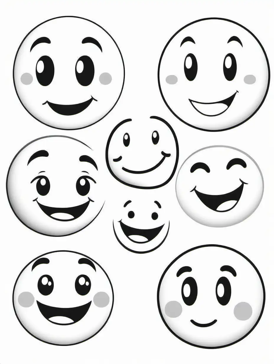 Create a colouring  of 4 , varying,happy,simple emojis with different expressions, happy faces,low detail,  black and white, thick lines, no shading, low detail, simple cartoon style, white background ,colouring page 