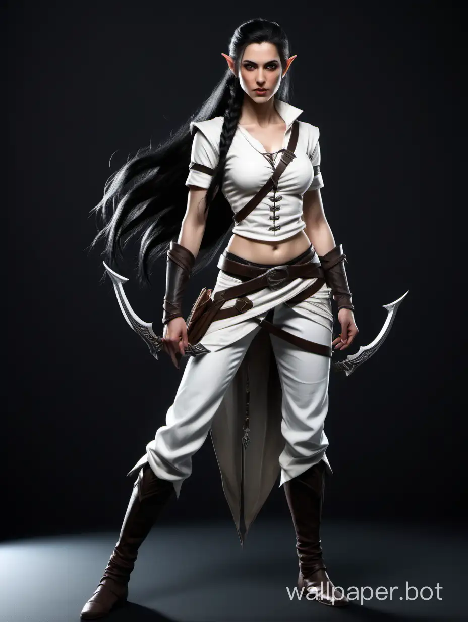 Female half elf Ranger with long braided black hair with a prominent white streak in a white v neck top and white knee length pants with abs showing