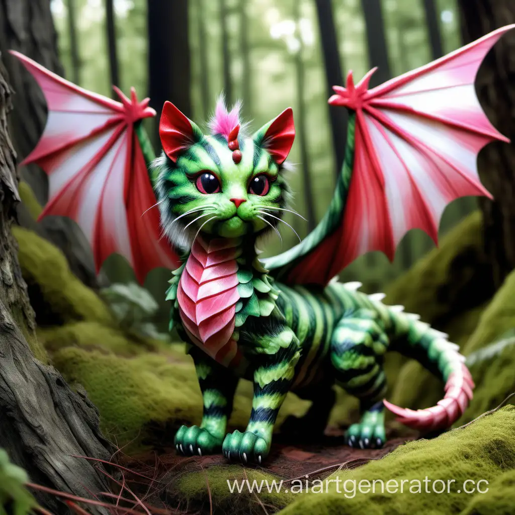 Грозная реалистичная Зелёная кошка дракон с красные крылья птицы розовый хвост полосатая чешуя в лесу