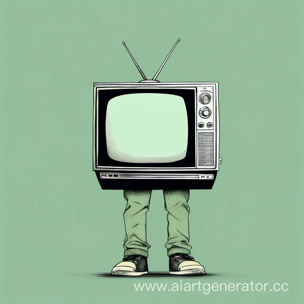 нарисуй человека с старым телевизором на месте головы, лица нет, пастельные тона, смотрит в камеру, серо-зеленый фон