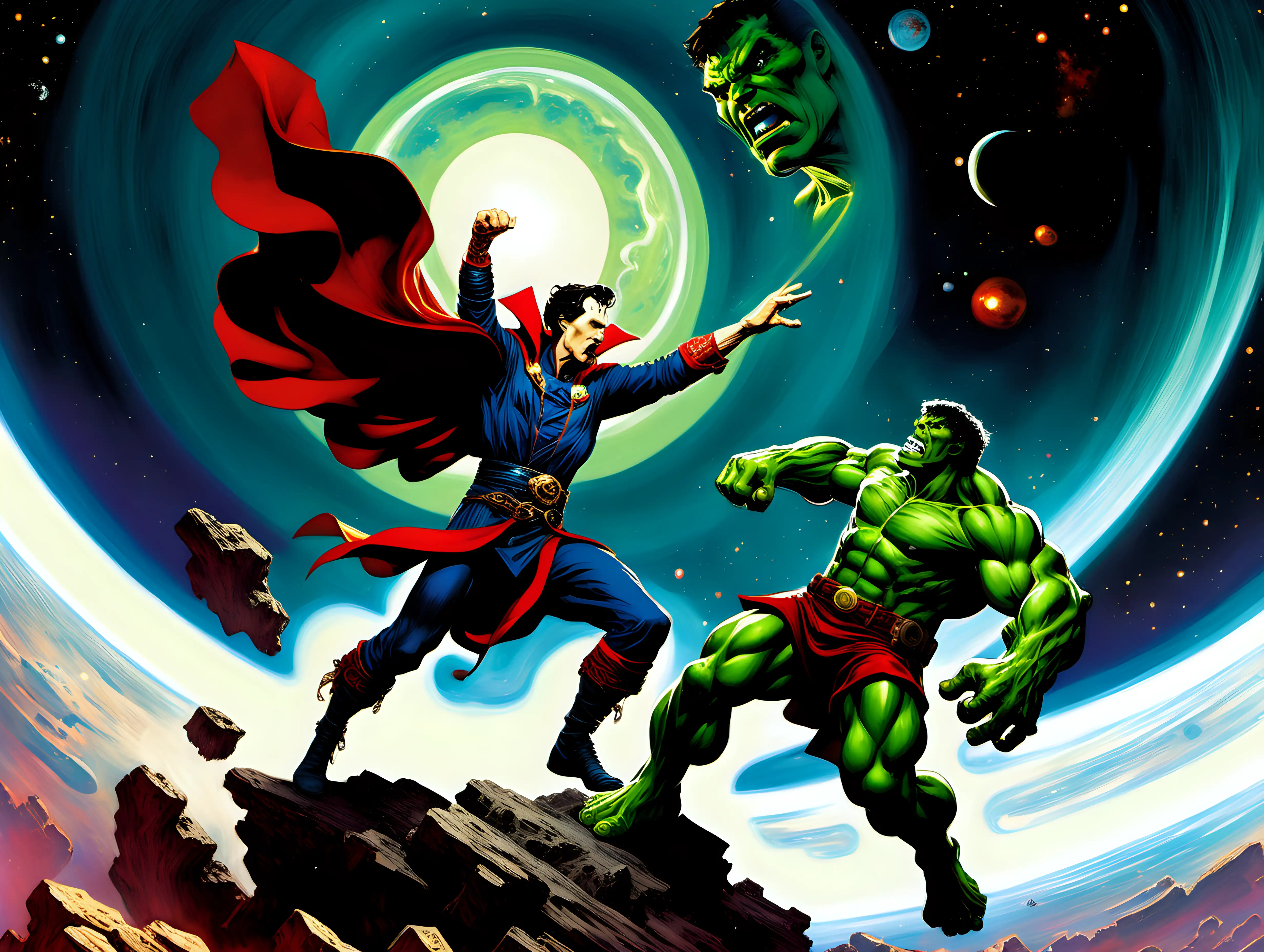 Intergalactic Battle Doctor Strange vs The Hulk in Epic Frank Frazetta Style