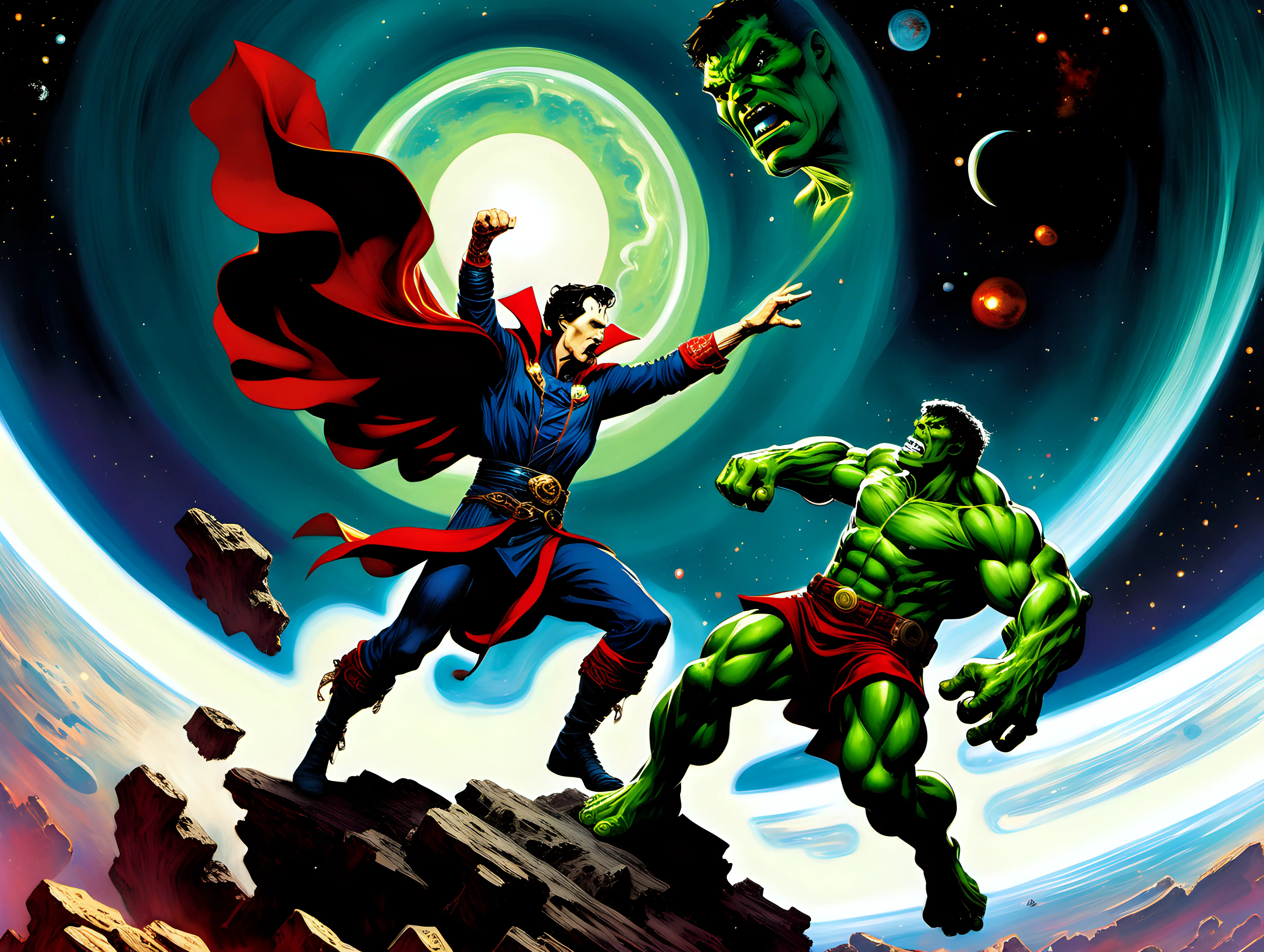 Doctor Strange fighting The Hulk  in space Frank Frazetta style