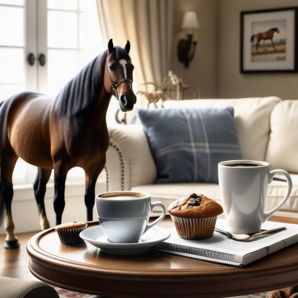 Good morning.  A cup of coffee sitting on the end table with a muffin. There is a good sitting next to the cup of coffee.  There is a white couch to the left of the end table with a picture of horses running above the couch.  Remove horse on couch.