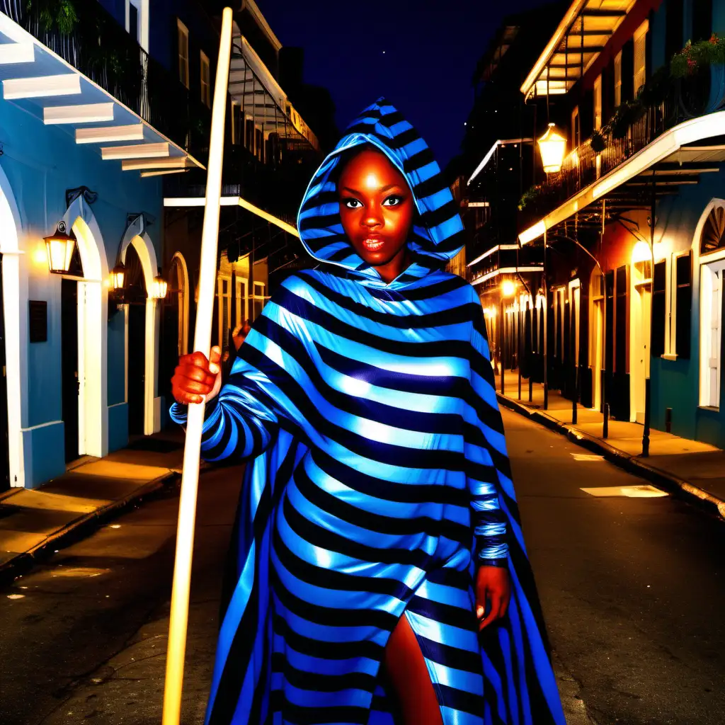 beautiful blind black girl, navy blue pacific blue skintight horizontal striped costume, navy blue pacific blue striped cape and hood, quarterstaff, New Orleans French quarter, night