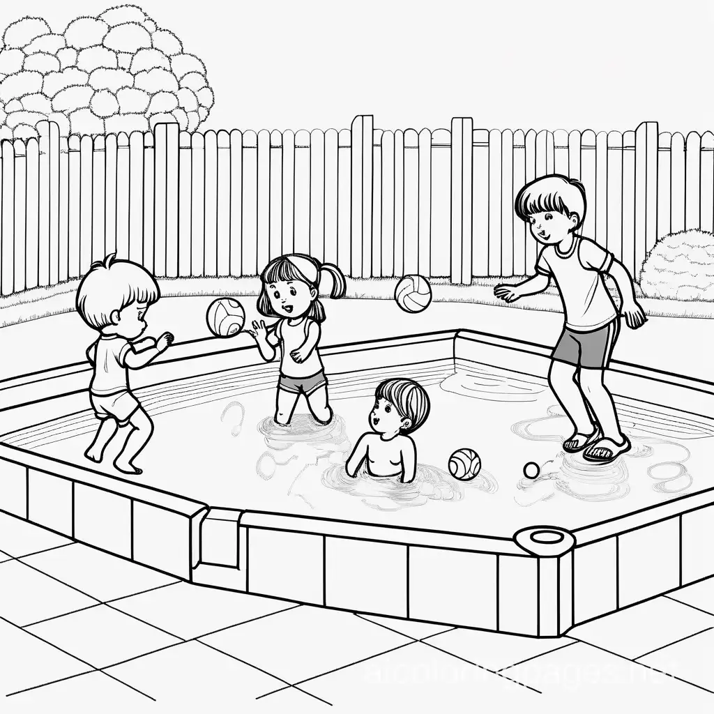 Kids playing in pool with ball, Coloring Page, black and white, line art, white background, Simplicity, Ample White Space. The background of the coloring page is plain white to make it easy for young children to color within the lines. The outlines of all the subjects are easy to distinguish, making it simple for kids to color without too much difficulty