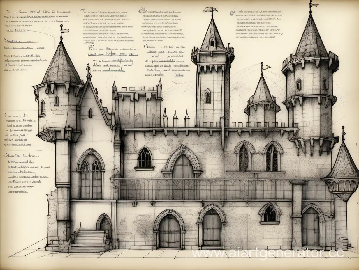 Detailed with notes, ink sketch of medieval preschool, slick design, clean lines, blueprint, perfect, awesome.