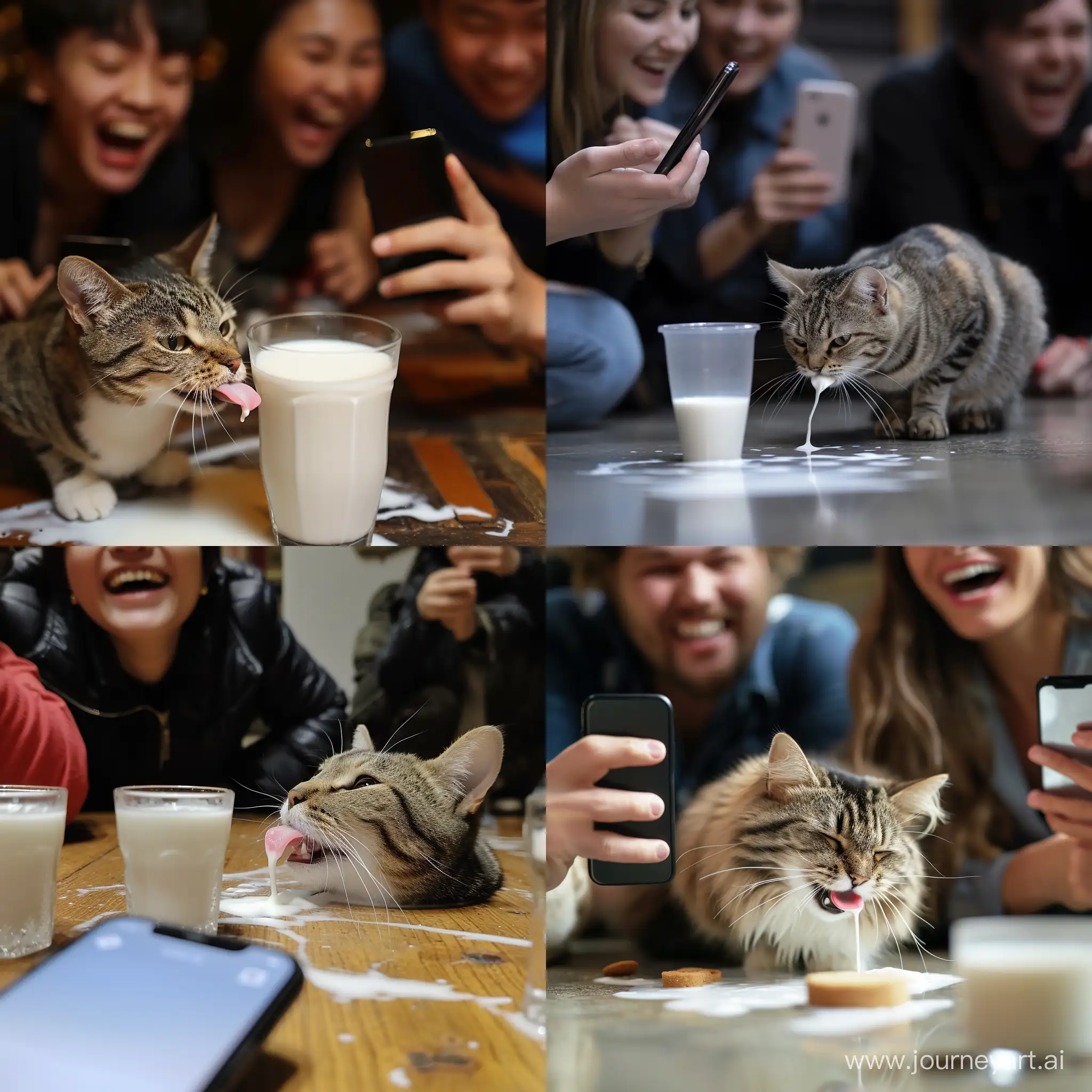 Cat licks milk from the floor, people around laugh, photo on phone::