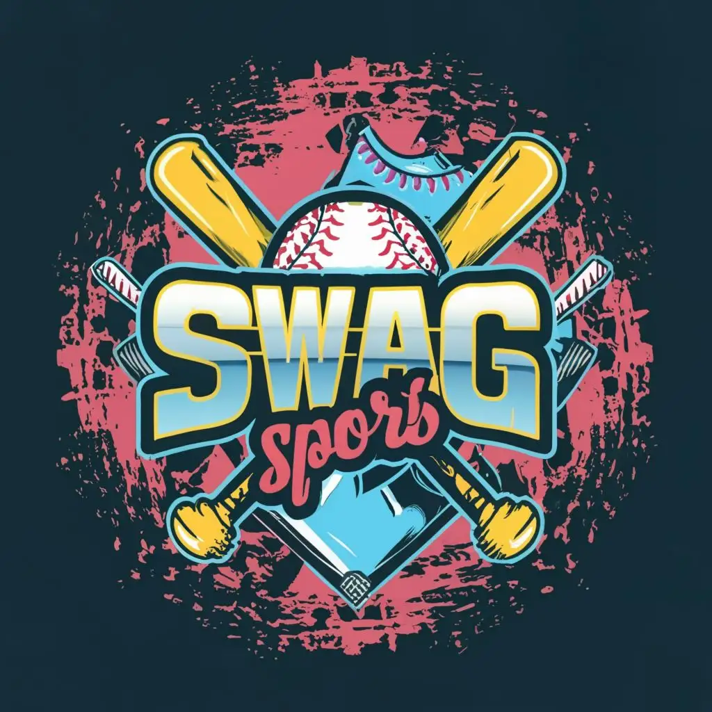 logo, Baseball, bats, baseball glove, blue gradient, yellow, pink, with the text "SWAG SPORTS", typography, be used in Sports Fitness industry