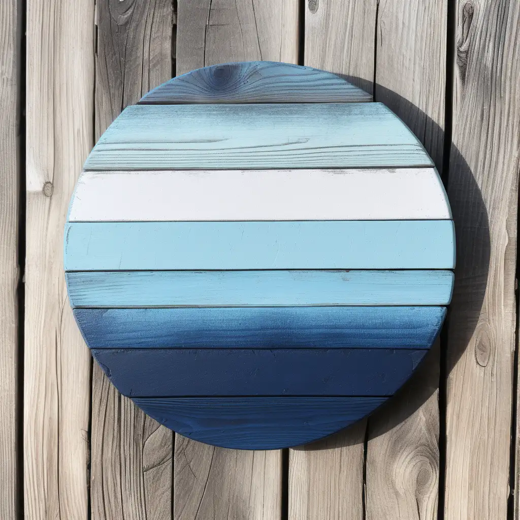 12 INCH ROUND CANVAS, WITH A LIGHT BLUE WOOD TO A  NAVY BLUE WOOD IN OMBRE EFFECT ON RUSTIC DISTRESSED HORIZONTAL WOOD BACKGROUND
