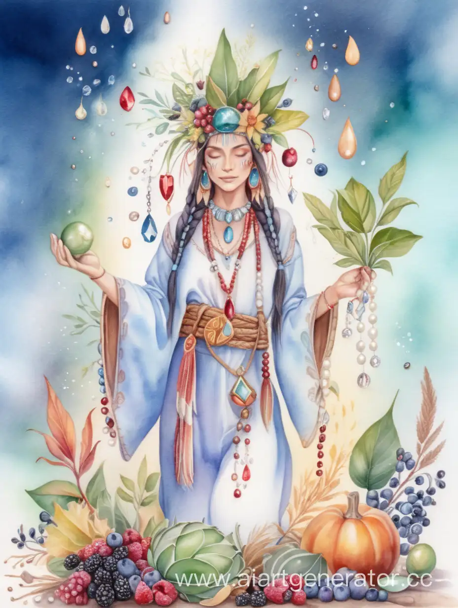 Soft-Watercolor-Portrait-of-a-Female-Shaman-Surrounded-by-Abundance-and-Fertility-Symbols