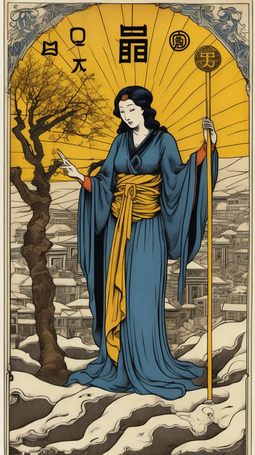 A Tarot card from the Marseille deck, bearing the number 8 
in the upper left corner, depicts Justice as a widow clad in mourning attire, seated on a computer, in her right hand, she holds a pencil pointed upwards, while her left hand balances a plain in perfect equilibrium, the scene unfolds at dawn with a backdrop featuring elements of Spring, Summer, and Winter harmoniously intertwined, the scene is adorned with the numerical symbol of Gold, hieroglyphs, and Chinese symbols