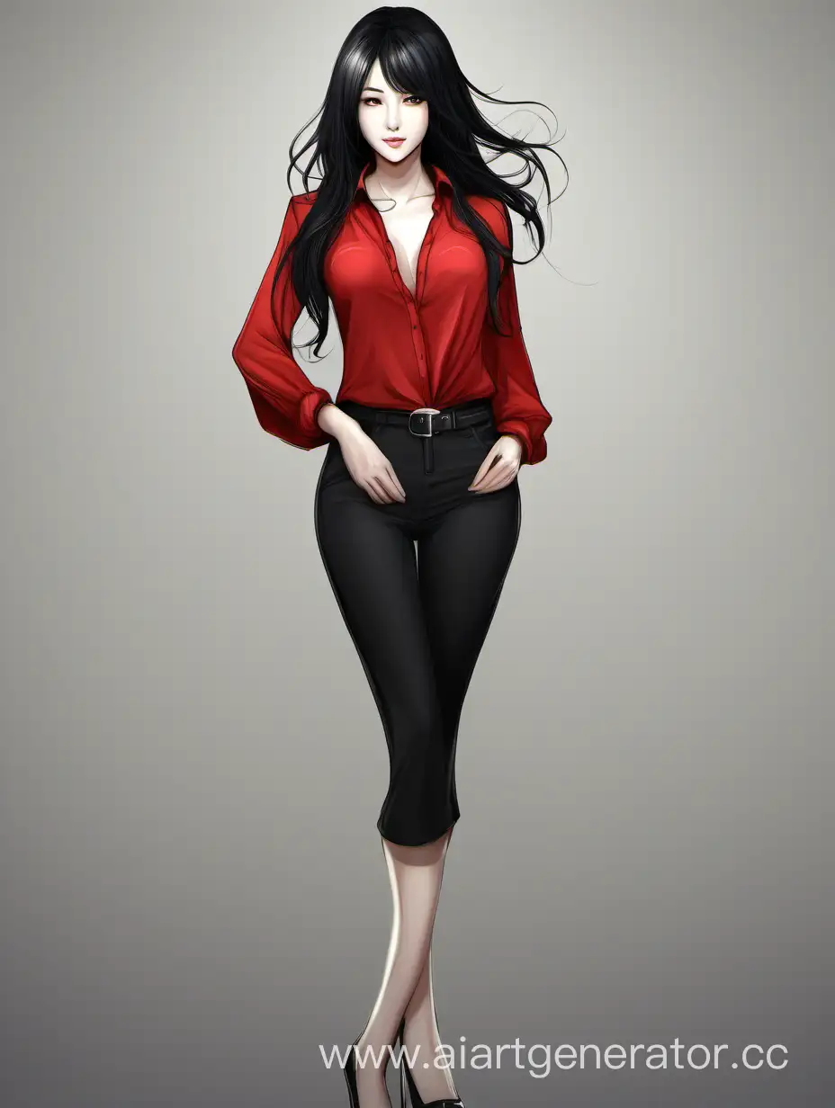 Девушка, Красная блузка, Чёрные волосы, красивое лицо, красивая грудь, в полный рост, детализированная
