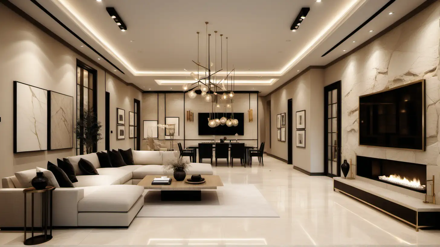 a classic contemporary large home Minimalist home floor plan; beige walls; black accents; limestone; blonde oak; brass lighting; 

