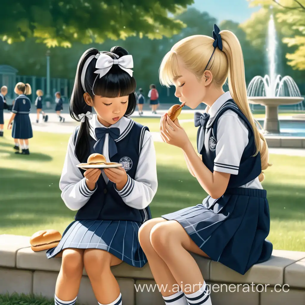 Schoolgirls-Enjoying-Buns-by-the-Fountain-in-the-Park