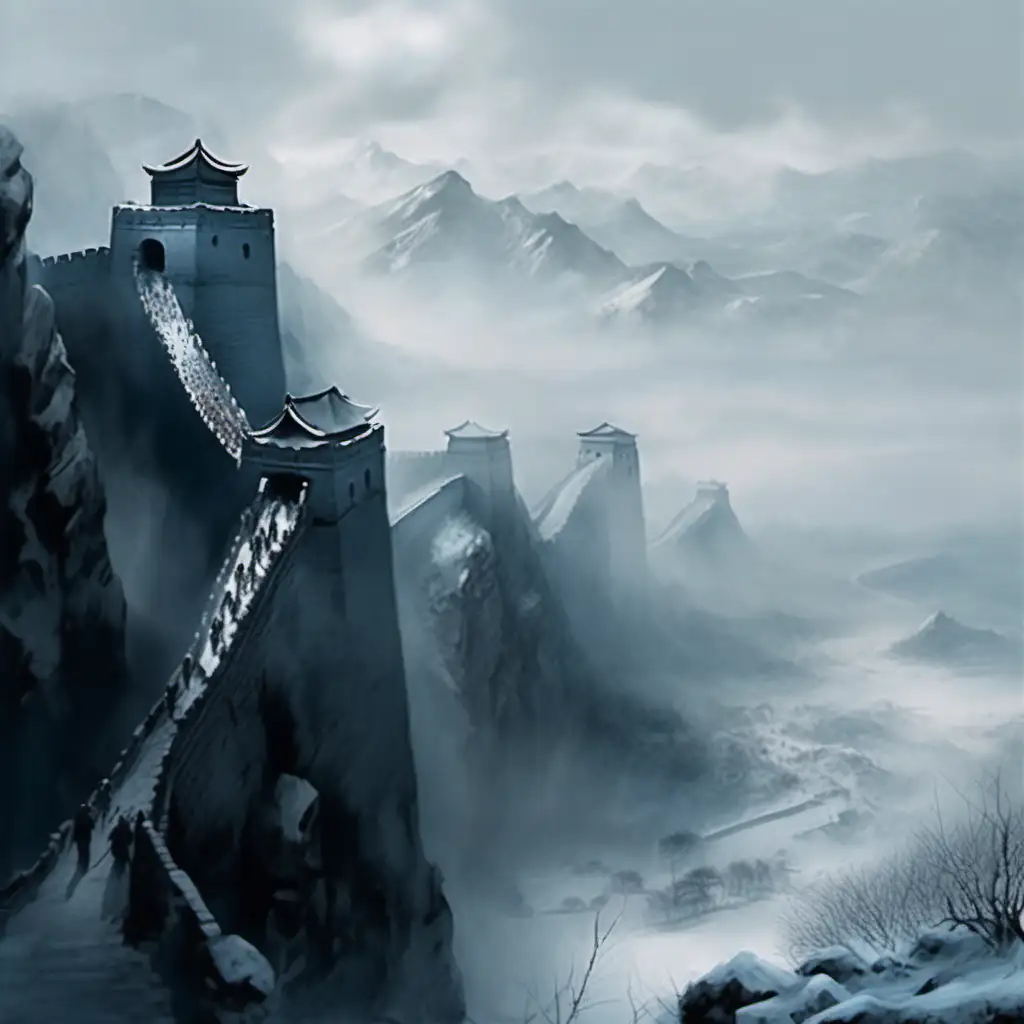 Ethereal Winter Scene Chinese Great Wall on a Snowy Cliff