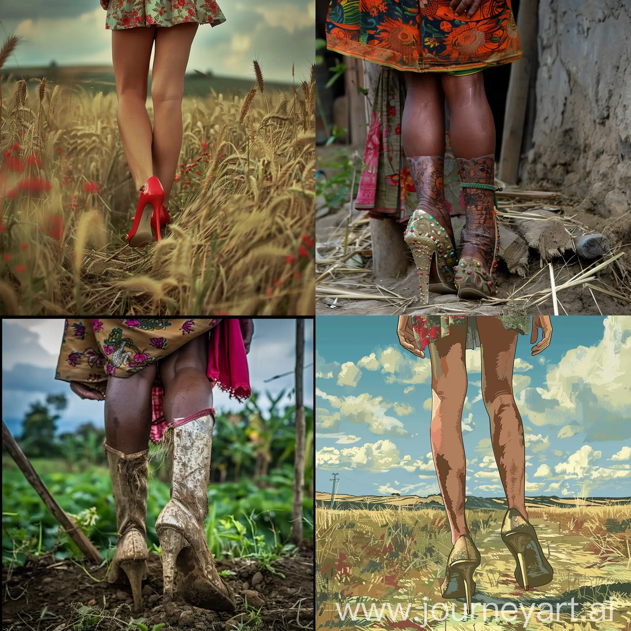 Rural-Woman-in-High-Heels-Walking-through-Countryside-Landscape