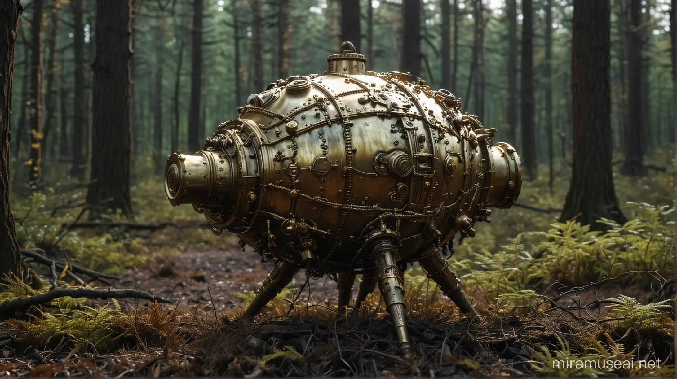 very strange and mysterious steampun object in the clearance in the forest, it is completely dar, the object is made of gold, the object slightly shines in the darkness