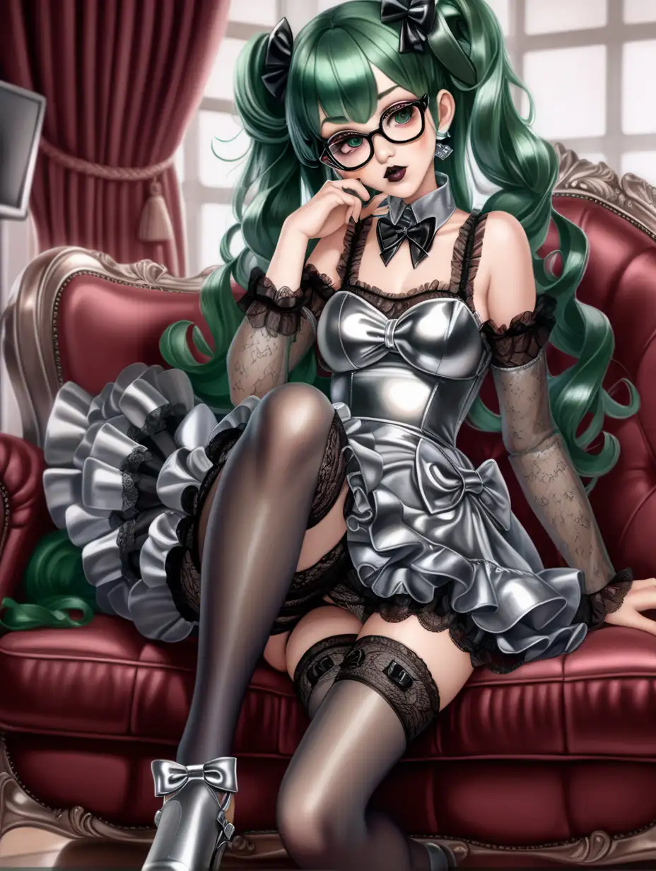 Anime woman with dark green hair and large lips with dark lipstick and dark heavy makeup. Wearing glasses.  wearing a shiny and frilly silver silk dress with lots of bows and lace. Wearing black thigh high nylon stockings. Wearing glossy silver mary jane high heeled shoes. Very shiny. Dorky expression. reclining on a couch in a study.