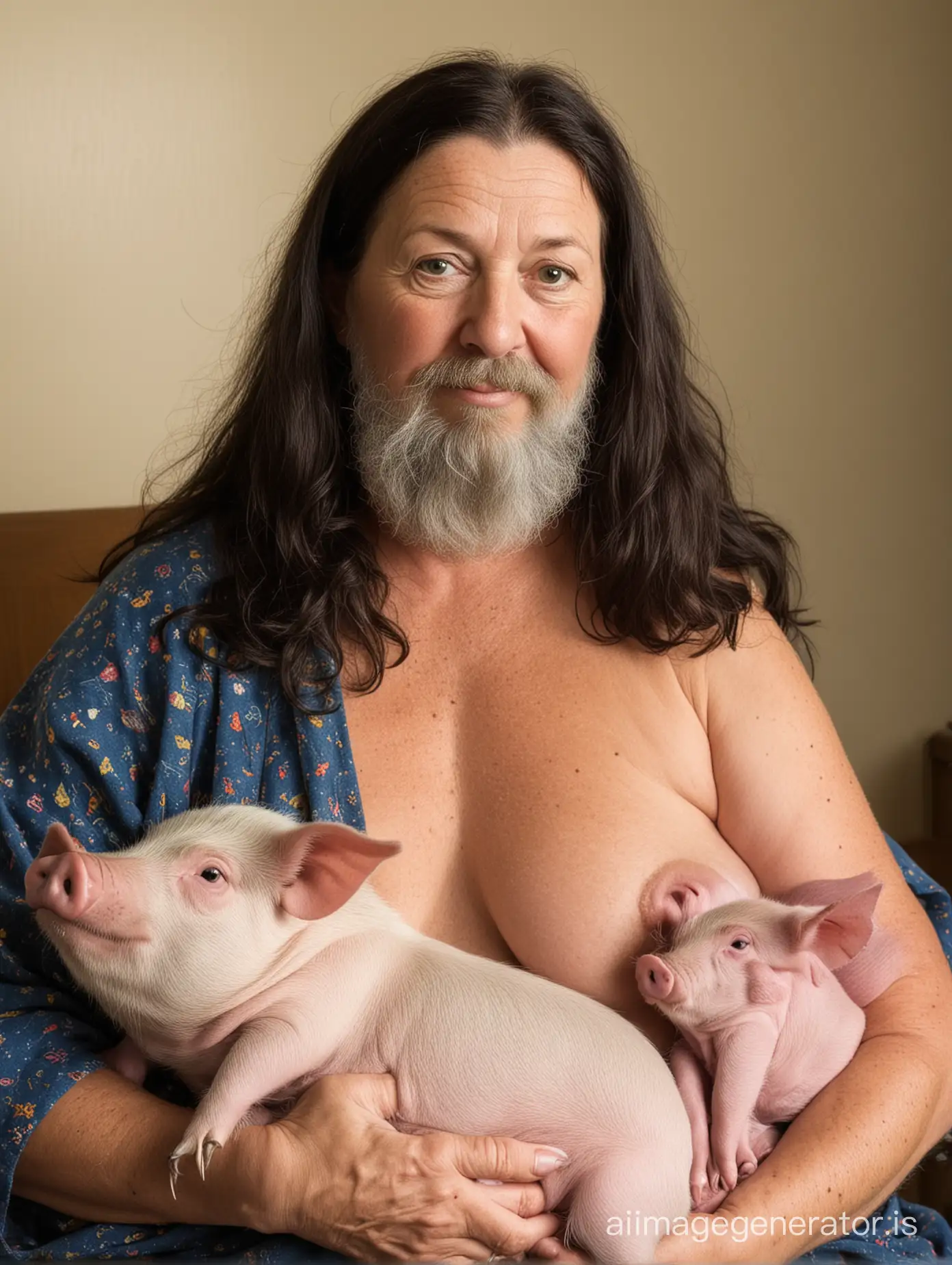 Fat, long dark haired nan with beard, breastfeeding a pig. In Las Vegas.